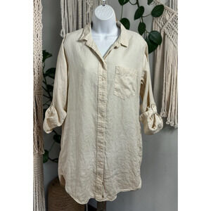 Quince 100% European Linen Shirt Dress Sz Small Beige Roll Sleeve Beach Coastal